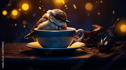 A sparrow in a night cap sitting on a cup of coffee