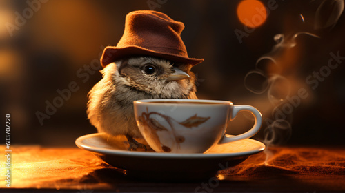 A sparrow in a night cap sitting on a cup of coffee