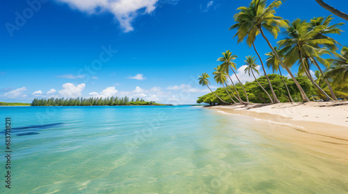 A sandy beach with palm trees and clear blue water