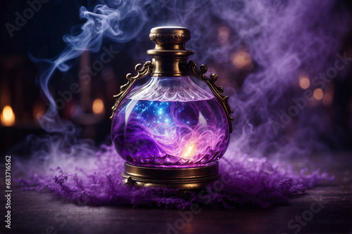  An ornate glass potion bottle emitting a mystical purple smoke against a dark background with soft lighting