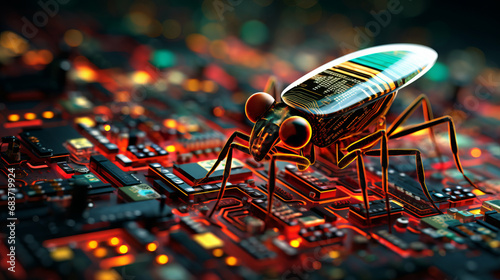 Close up view to computer bug perched on microchip symbolizing threat of software bugs and elusive nature of zero day vulnerabilities in software security, critical bug in computer software program