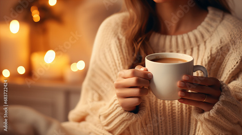 Woman holding a white cup of hot coffee. Drink morning. A girl in a cozy house drinks a hot drink. Cozy winter Christmas day, Spring time, white porcelain mug mock up
