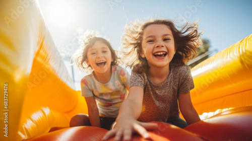 Happy group of kids on the inflatable bounce house on sunny summer day