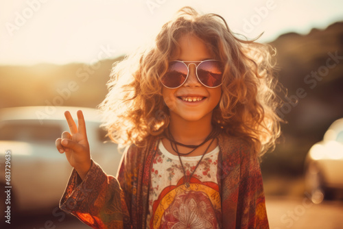 Portrait of a hippie boy kid , doing peace and love sign gesture with his hand and fingers