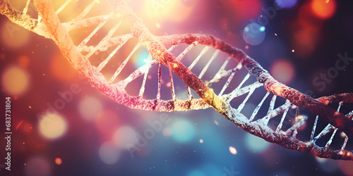 A graphic of a dna strand DNA and Genetics Scientific Backdrop Place scientific symbols or models behind the DNA DNA molecule and bokeh background with lights Ai Generative