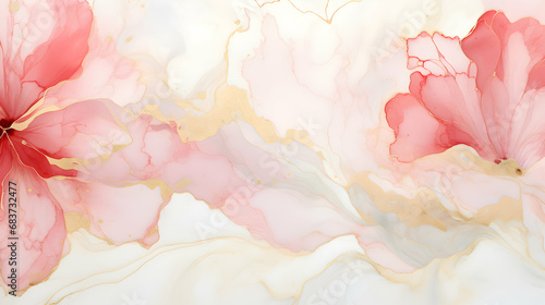 Abstract marbled ink liquid fluid watercolor painting texture banner illustration - Soft red pink petals, blossom flower flowers swirls gold painted lines, isolated on white background, generative ai