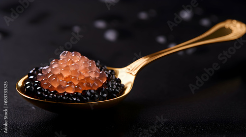 Black Caviar in spoon, top view of sturgeon black caviar close-up. Delicatessen backdrop. Texture of expensive luxury caviar background. Recipe menu restaurant. Generative ai.