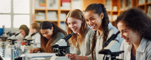 High school students using microscopes in the science class