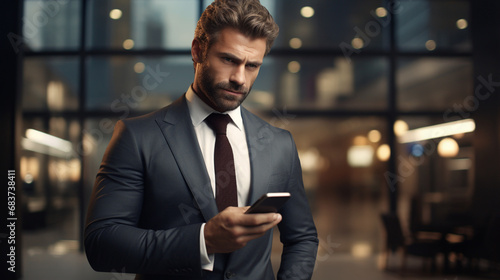 Businessman recommending a mobile phone in an office 