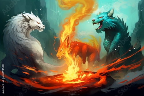 Digital illustration painting design style 3 legendary creature, dragon, white tiger, phoenix, Generative AI