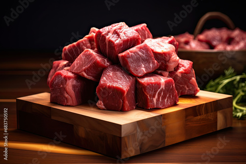 raw cubed meat on a wooden board