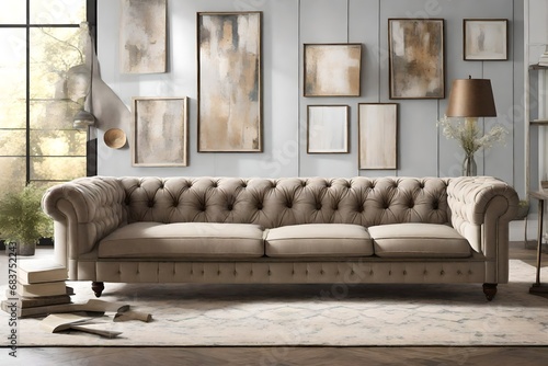 Create a captivating image of a Chesterfield Sofa with impeccable tufted upholstery and soft textures. 