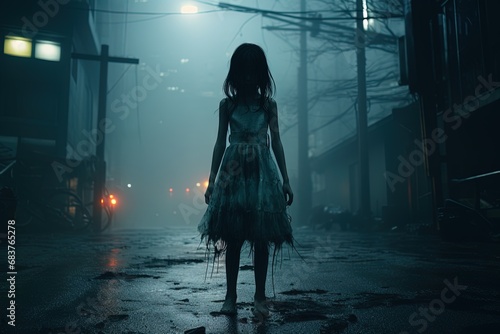 ghost of a little girl in dress on a foggy night street