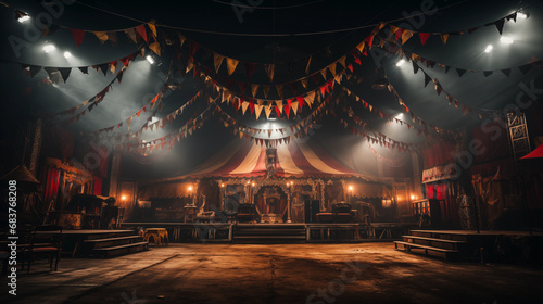 Vintage Circus Tent Interior with Festive Bunting and Theatrical Stage Lighting. Generative AI