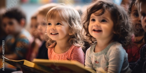 infant toddler girls toddlers at preschool and kindergarten reading, bokeh panorama, close-up intensity, fairy tale