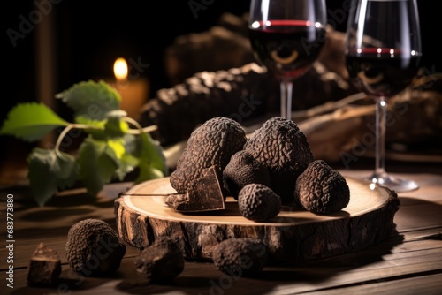 A close-up shot of luxurious black truffles freshly harvested from the earth, resting on a rustic wooden table, with a truffle slicer and a glass of red wine in the background