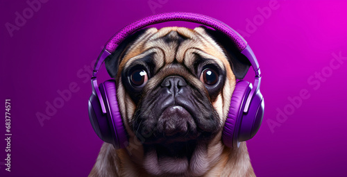 pug with headphones wearing purple on purple background, colorful, eye-catching compositions, high gloss