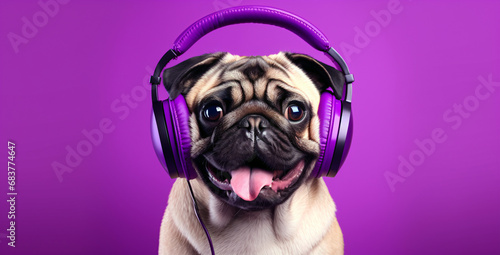 pug with headphones wearing purple on purple background, colorful, eye-catching compositions, high gloss