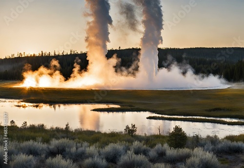 Geyser Gala: Wyoming's Yellowstone National Park Morning Spectacle.