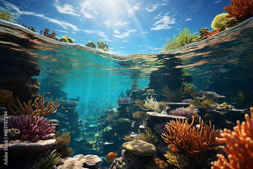 vibrant immerses viewers in expansive and captivating landscape of a coral reef, showcasing diverse topography, vibrant coral gardens, and sense of exploration and awe these underwater worlds offer