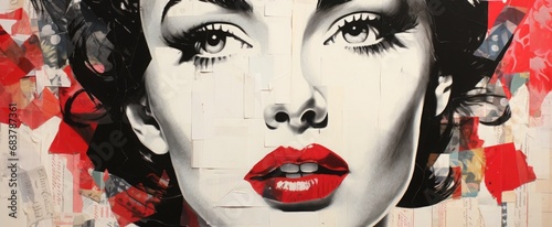 woman with bright red lips. abstract creative collage, pop art