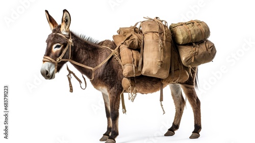 Pack mule isolated on a white background, hardworking and sturdy animal, traditionally used for carrying heavy loads over long distances