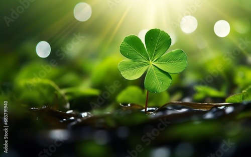 St Patricks Day Blurred Background. Photorealistic big five leaf clover in the center, close up, luck winning ticket. Bokeh, de focus, morning sun light. Fresh plant growing. AI Generative.