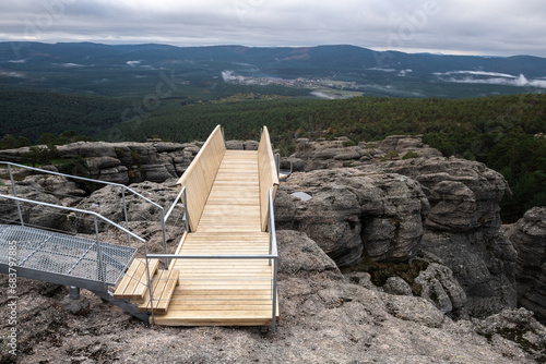 Wooden lookout point at karst landscape of Castroviejo in Soria province, Spain