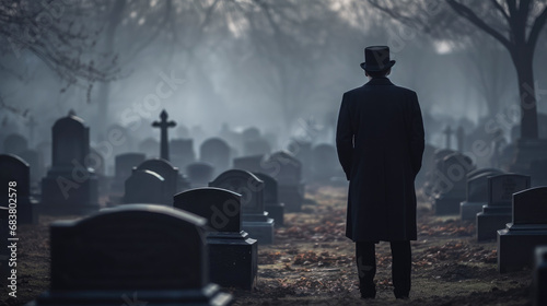 Man in a hat in a cemetery