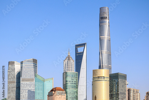 Stunning modern corporate buildings, skyscrapers and glass towers of Shanghai, a futuristic megacity in China, an economic superpower