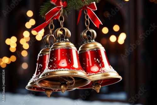Shiny Christmas bell jingle bells ringing, spreading holiday cheer with festive joy