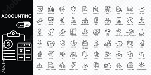 Accounting editable stroke icons set. Accountant, financial, business firm tax, statement, calculator, and balance sheet icons . Vector illustration