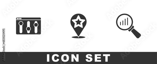 Set Browser setting, Map pointer with star and Magnifying glass and analysis icon. Vector