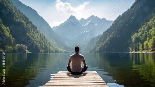 Rear view of a man doing yoga against the backdrop of a lake in the majestic mountains