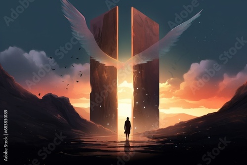 Digital illustration painting design style a a man standing on a big rock and looking at to couple phoenix birds flying out from star portal, Generative AI