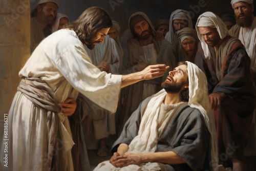 Painting of Jesus healing the blind man in biblical times