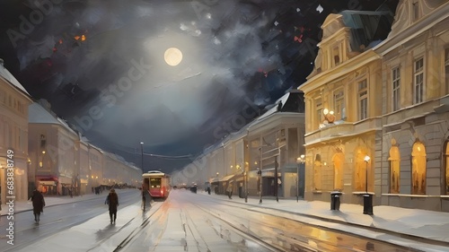 Oil painting of a old euraopean 19th century style city in winter at night with bright moon in the sky