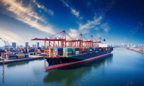 Global transport cargo and logistic business import and export, Container ship in seaport terminal, Container cargo vessel freight shipping commercial worldwide, Freight transportation, Generative AI 