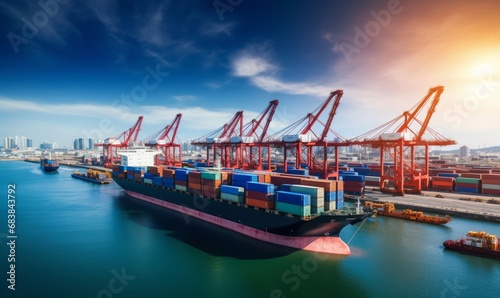 Global transport cargo and logistic business import and export, Container ship in seaport terminal, Container cargo vessel freight shipping commercial worldwide, Freight transportation, Generative AI 
