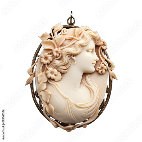 Antique Ivory Cameo Pendant. Isolated on a Transparent Background. Cutout PNG.