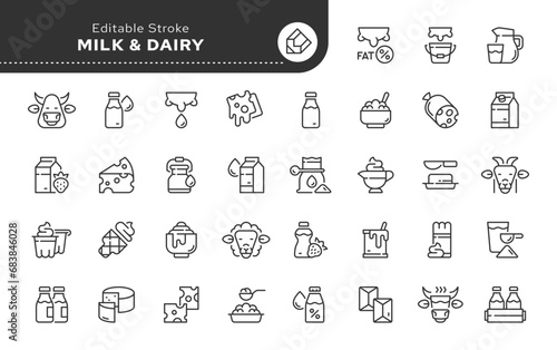 Set of line icons in linear style. Series - Milk and dairy products. Natural cow's milk and fermented milk product, cheese, cream, sour . Outline icon collection. Conceptual pictogram and infographic.