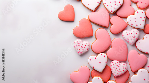 Composition with decorated heart shaped cookies and space for text on color background, top view. Valentine's day