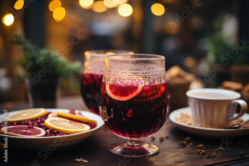 Festive mulled wine on the Christmas table, hot alcoholic drink with space for text