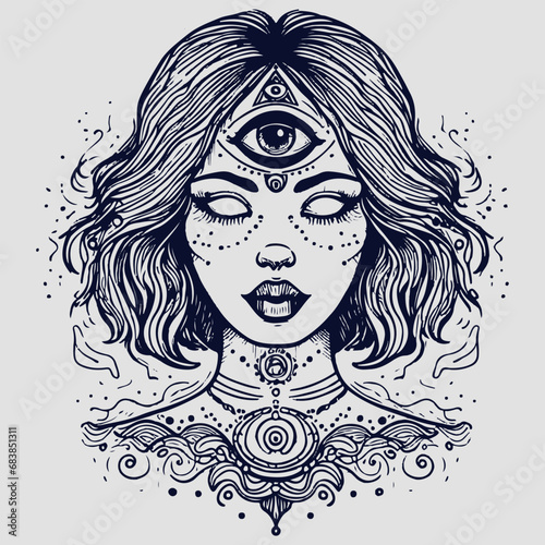 Wiccan and occult woman face with third eye, chakras and spirituality concept art. Tattoo vector of a psychedelic witchy fortune teller with runes and spells on her face.