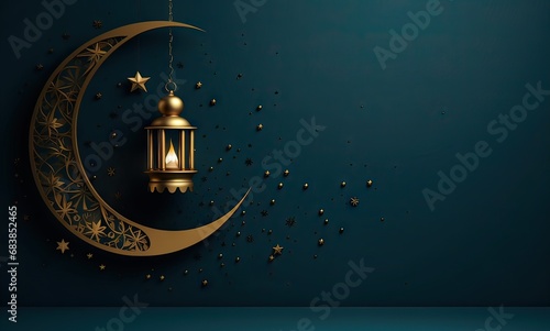Ramadan, arabian relics, crescent moon and lighthouse, golden, on a dark background