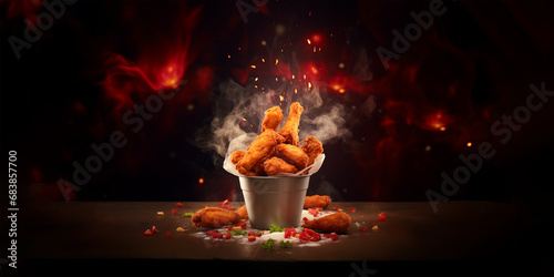 chicken classic nuggets tenders meal in bucket container, boneless wings or chicken breast pieces in buffalo barbeque, or spicy sauce flying ingredients and food commercial advertisement menu banner