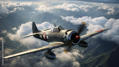 old airplane flying in the clouds. WWII Concept. Military Concept. WW2 Air Force concept.