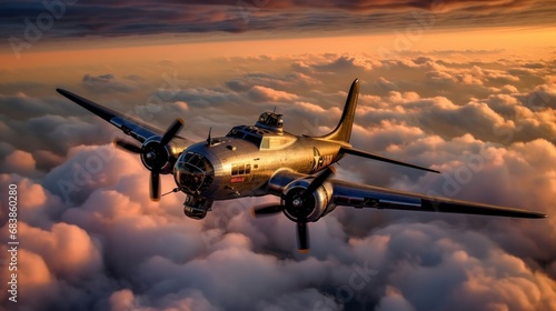 3D Illustration of a military aircraft flying over the clouds. WWII Concept. Military Concept. WW2 Air Force concept.