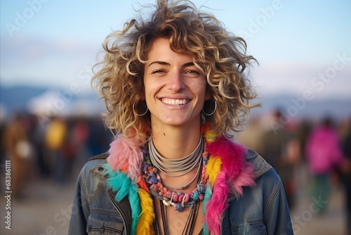young smiling woman in vibrant and eclectic clothing. individual style, confidence, self-acceptance