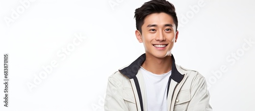In this portrait of a young Asian man isolated in a white background, his happy expression reveals a happy and contented lifestyle, showcasing his attractive features and friendly personality. As he